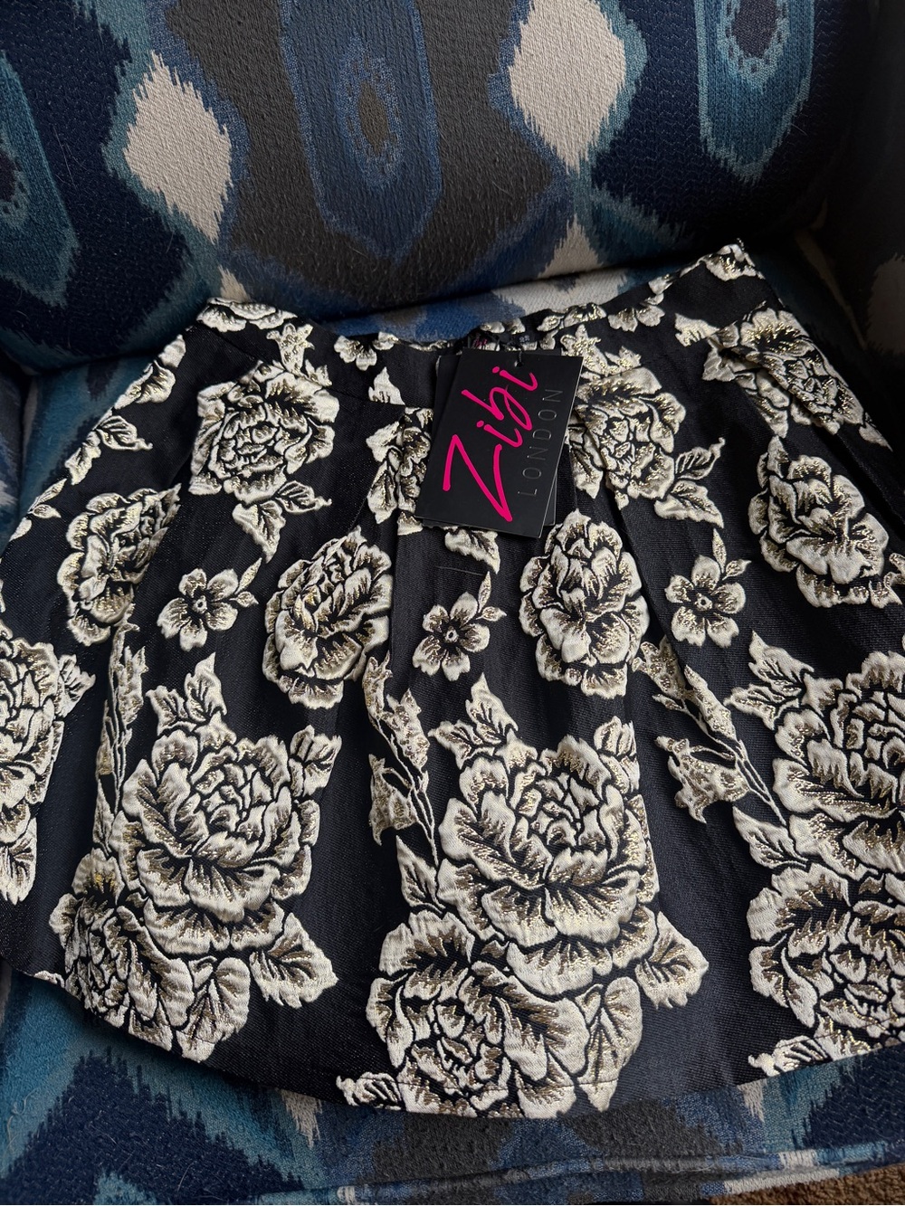 Black Floral Mini Skirt in Cream Embroidery